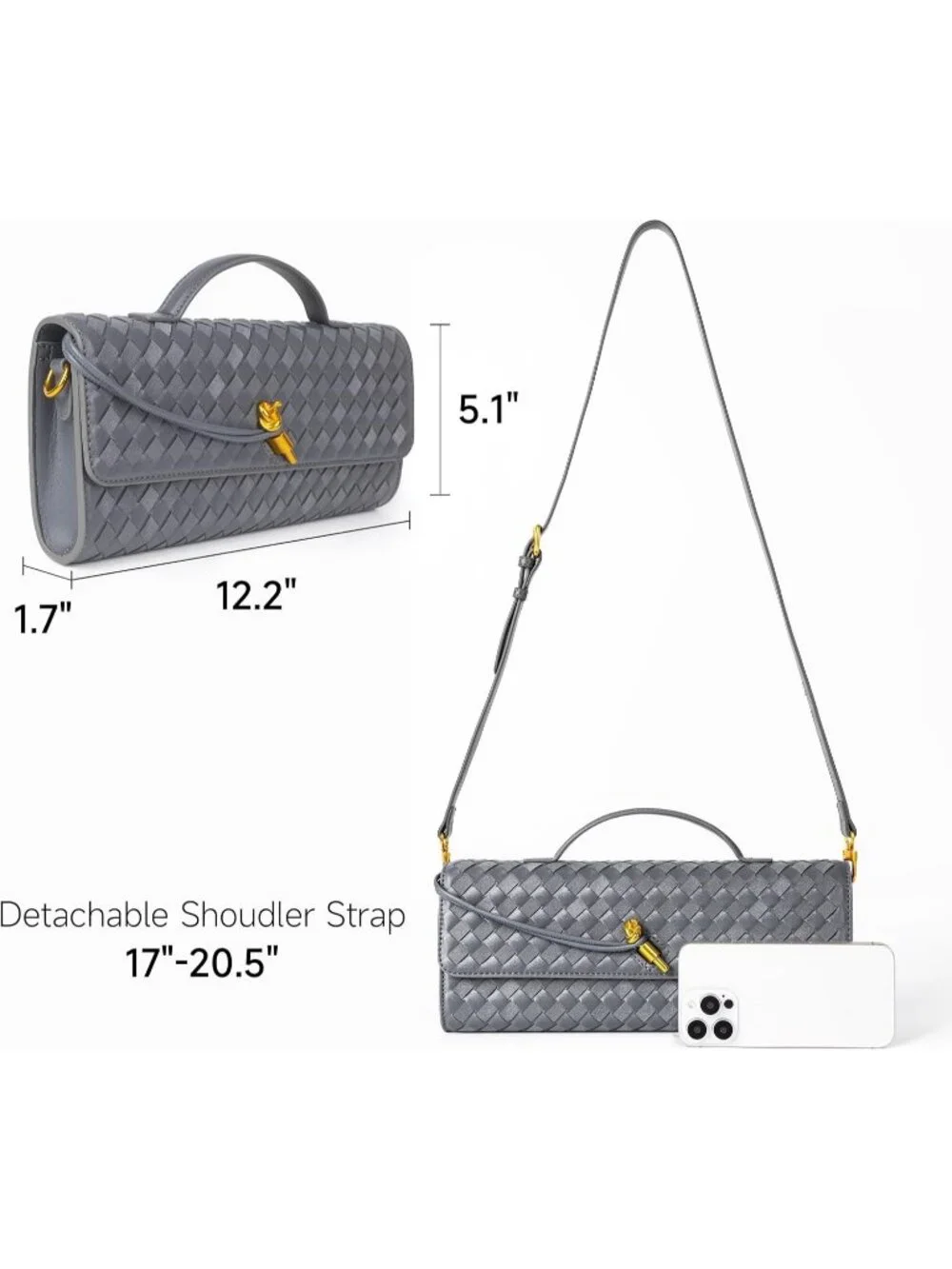 Women Slate Gray Leather Suede Woven Clutch Purse For Evening Crossbody Bag